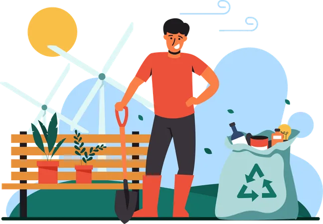 Boy collecting garbage in park  Illustration