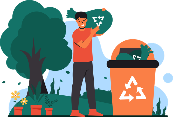 Boy collecting garbage in park  Illustration