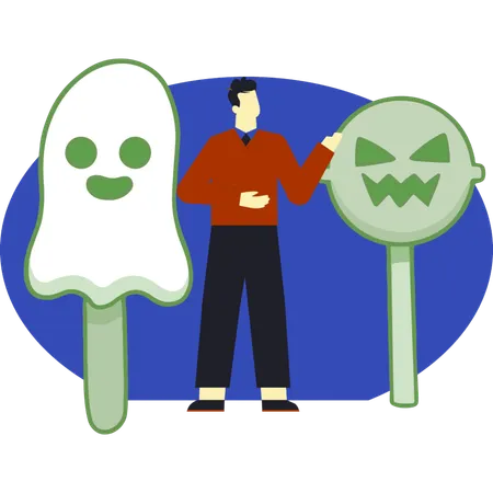 Boy collecting ghost candies  Illustration