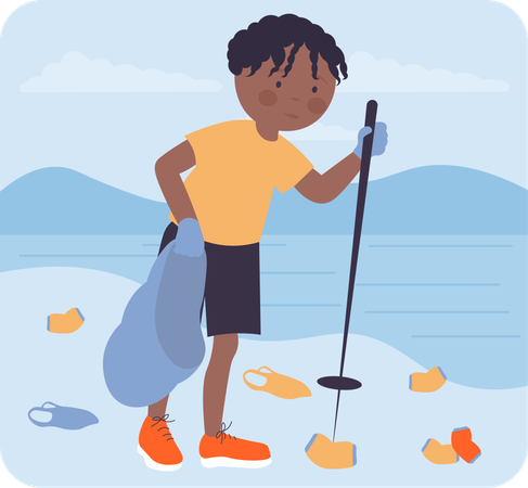Boy collecting plastic waste at ocean  Illustration