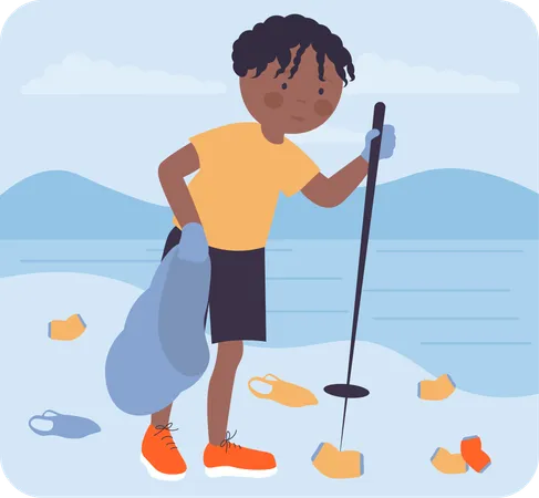 Boy collecting plastic waste at ocean  Illustration