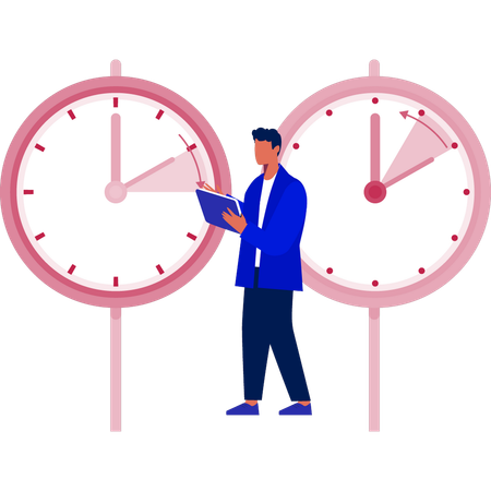 Boy comparing the time of two clocks  Illustration