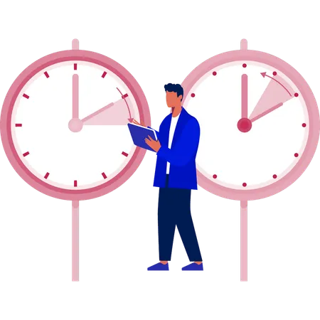 Boy comparing the time of two clocks  Illustration