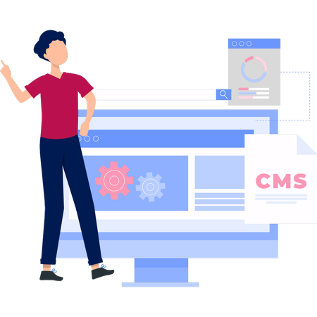 Menino configurando atualização do sistema CMS  Ilustração