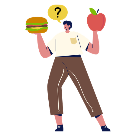 Boy confused for Healthy and Unhealthy Food  Illustration