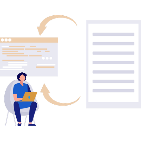 Boy convertit les fichiers en une page Web sur un ordinateur portable  Illustration