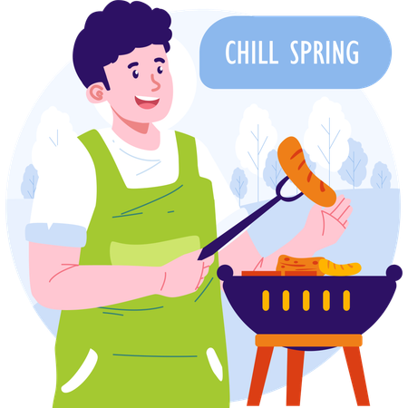 Boy cooking barbeque dinner in backyard  Illustration