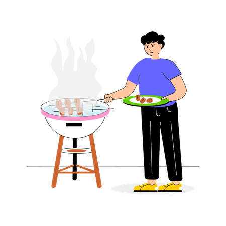 Boy cooking BBQ  Illustration