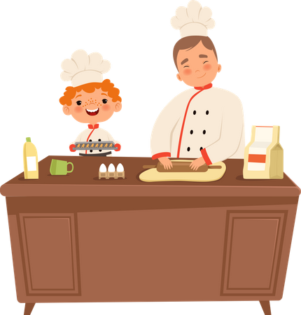 Boy cooking food with father Illustration