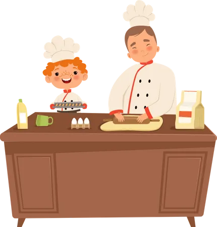 Boy cooking food with father Illustration