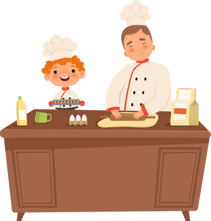 Boy cooking food with father  Illustration