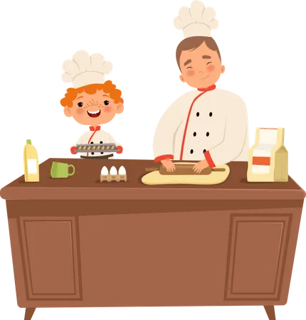 Boy cooking food with father  Illustration