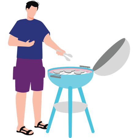Boy cooking meat on barbecue grill  Illustration