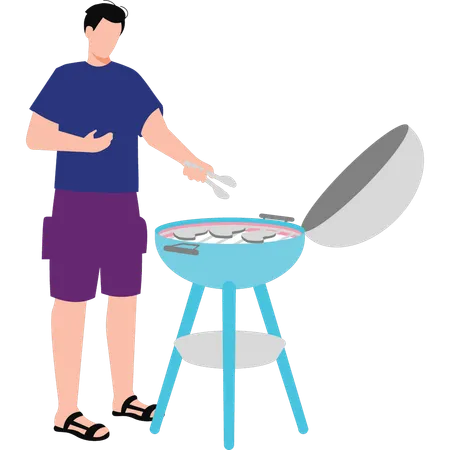 Boy cooking meat on barbecue grill  イラスト