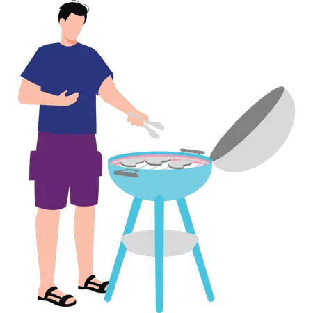 Boy cooking meat on barbecue grill  Illustration