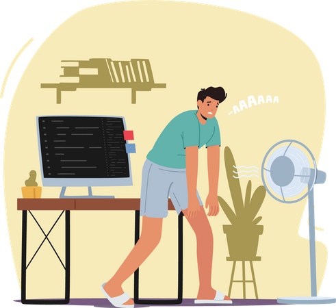 Boy cooling off using table fan  Illustration