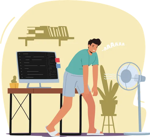 Boy cooling off using table fan  Illustration