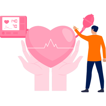 Boy counts heart beat with machine  Illustration