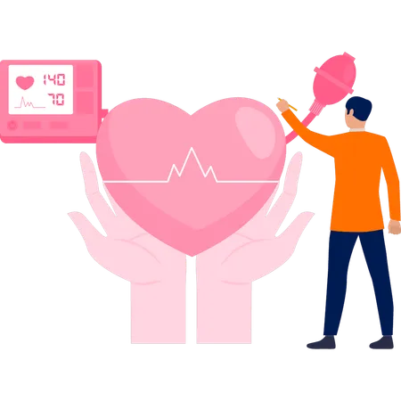 Boy counts heart beat with machine  Illustration