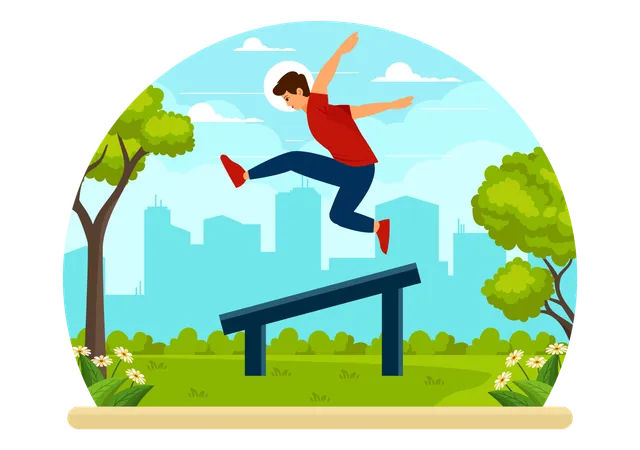 Parkour Sports Vector Illustration Featuring Young Men Jumping Over Walls And Barriers In City Street And Building In A Flat Style Cartoon Background Illustration