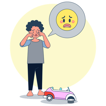 Boy crying because of broken toy car Illustration