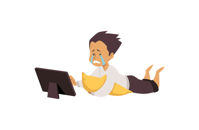 Boy crying while looking at the tablet  Illustration