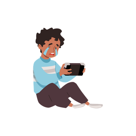 Boy crying while using phone  Illustration