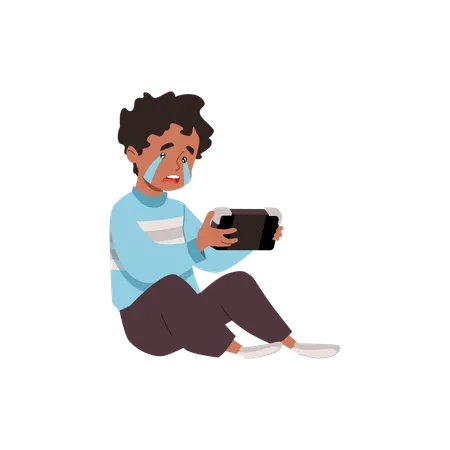 Boy crying while using phone  Illustration