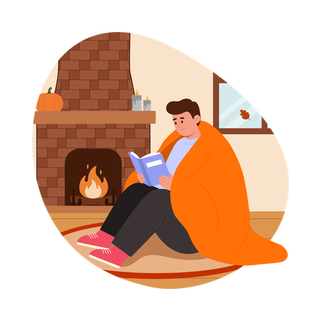 Boy Cuddling Near the Fireplace  Illustration