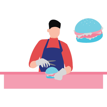 Boy cutting burger  Illustration