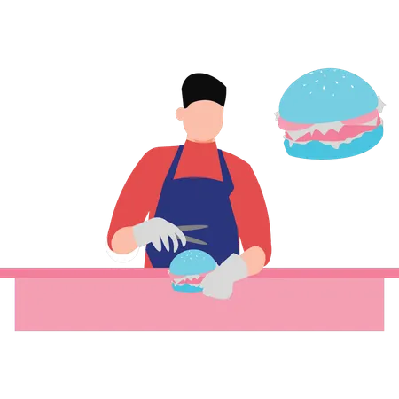 The Boy Is Cutting A Burger Illustration