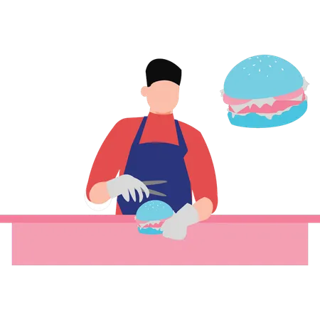 Boy cutting burger  Illustration