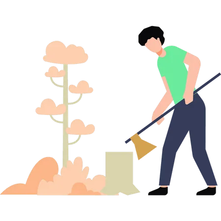 Boy cutting down the tree  Illustration