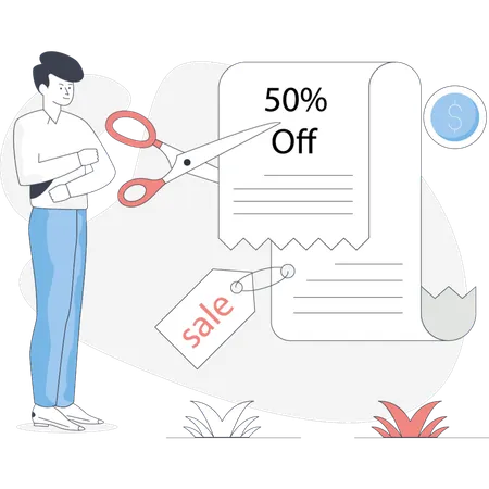 Boy  cutting price tag  Illustration