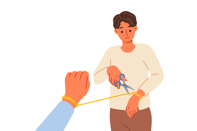 Boy cutting rope of relationship  Illustration