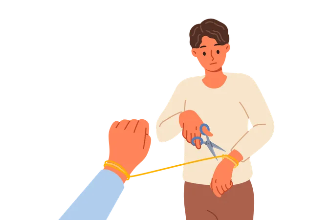 Boy cutting rope of relationship  Illustration