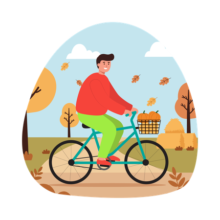 Boy Cycling Through Fall Leaves  Illustration