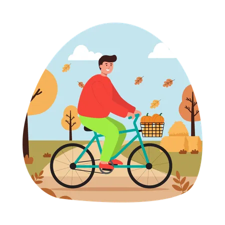 Boy Cycling Through Fall Leaves  Illustration