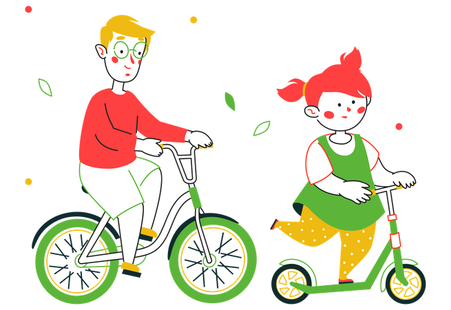 Boy cycling while girl using kick scooter Illustration