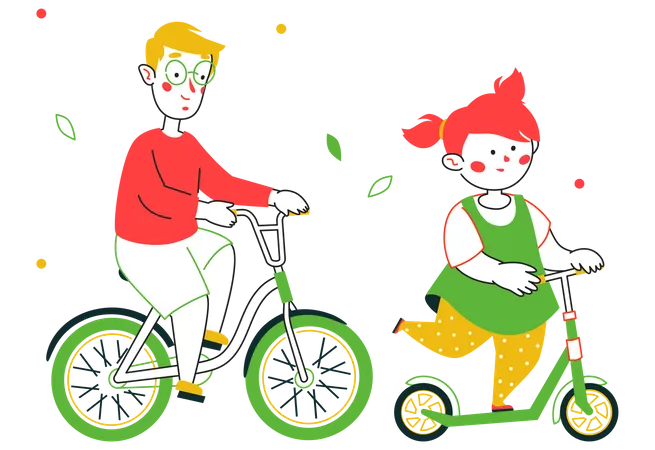 Boy cycling while girl using kick scooter  Illustration