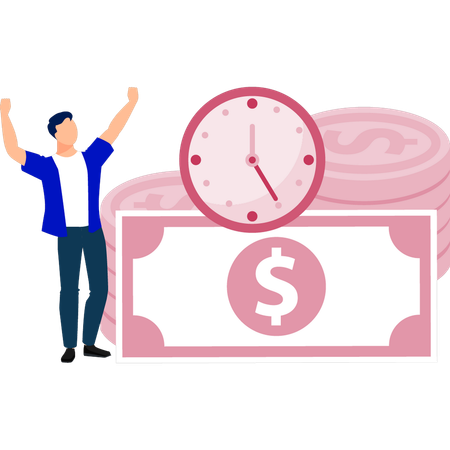Boy dancing with joy to get money on time  Illustration