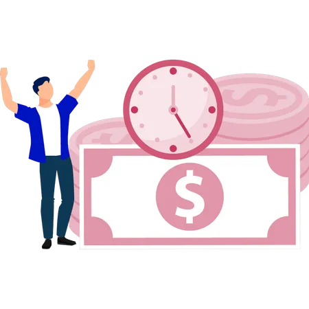 Boy dancing with joy to get money on time  Illustration