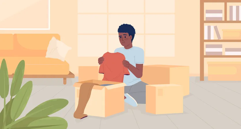 Decluttering Before Moving Flat Color Vector Illustration Young Man Packing Unwanted Clothes Into Boxes Hero Image Fully Editable 2 D Simple Cartoon Character With House Interior On Background Illustration