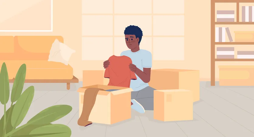 Boy decluttering before moving  Illustration