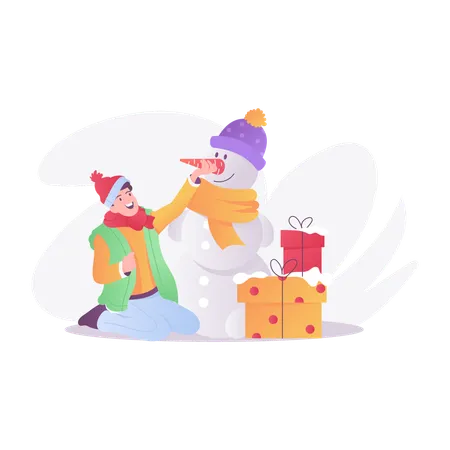 男の子がクリスマスの雪だるまを飾る  イラスト