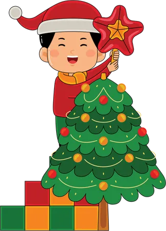 Boy decorating Christmas tree  Illustration