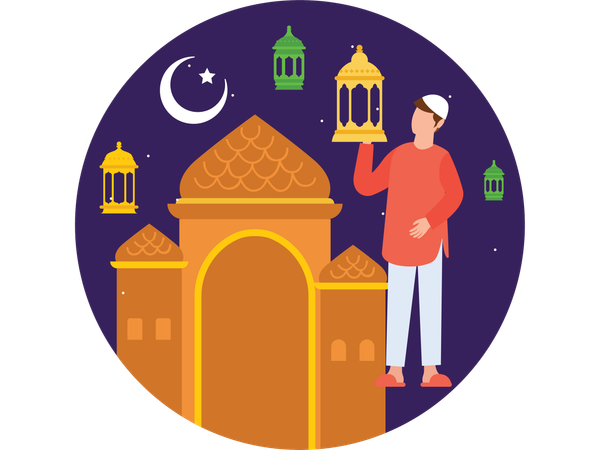 Boy decorating Eid Lanterns  Illustration