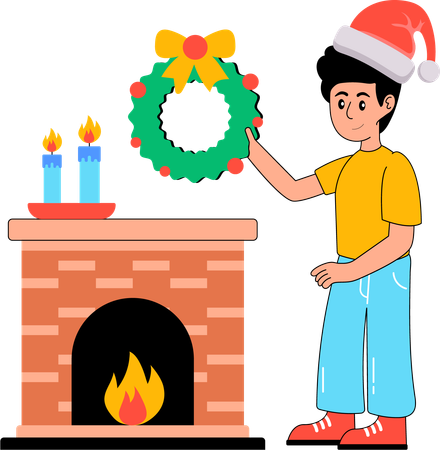 Boy Decorating Fireplace  Illustration