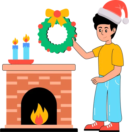 Boy Decorating Fireplace  Illustration