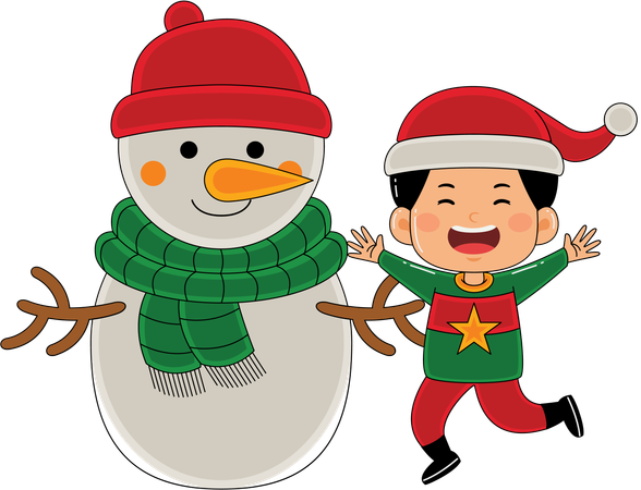 Boy decorating snowman for Christmas evening  Illustration